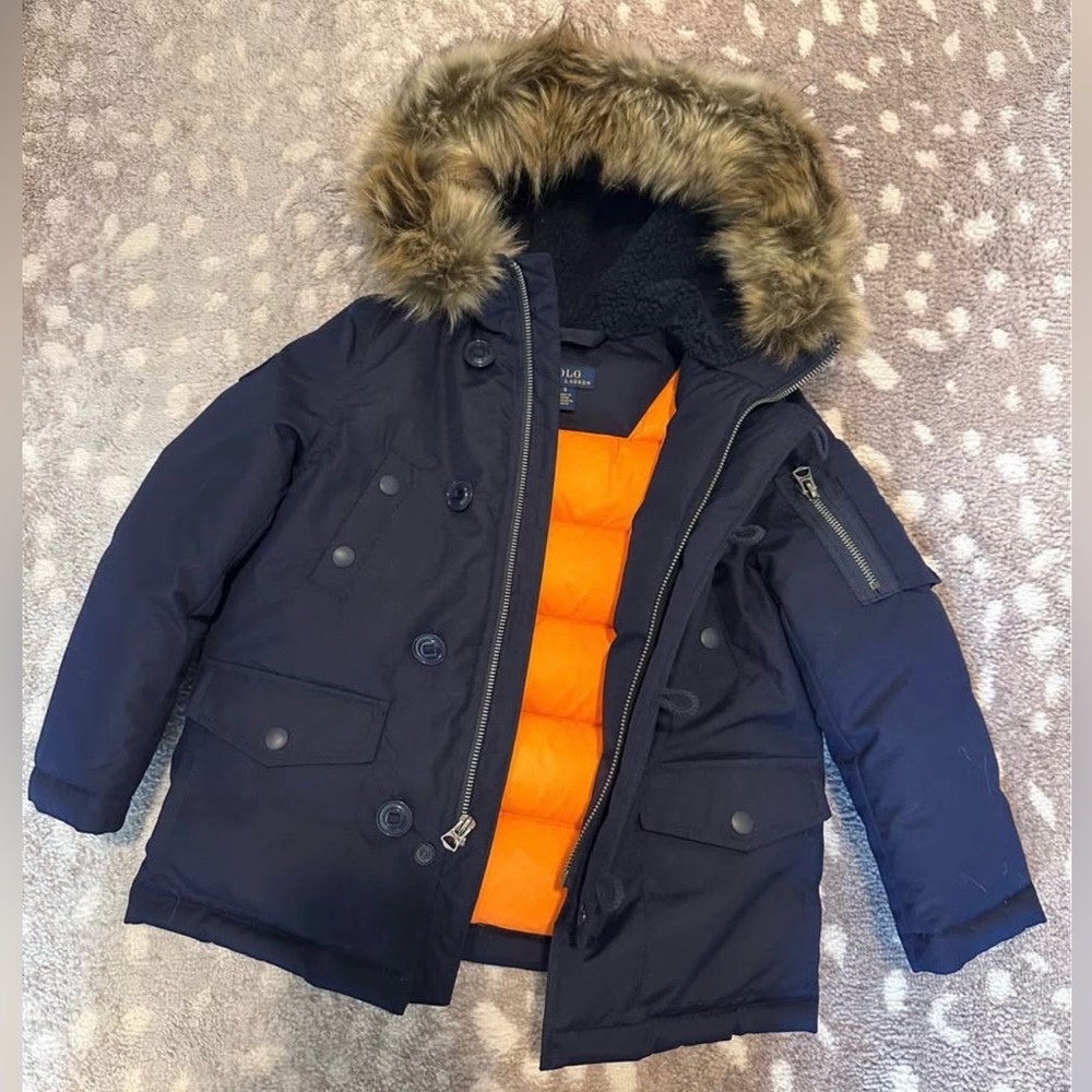 RL Navy Down Parka with Fur Hood and Orange Lining